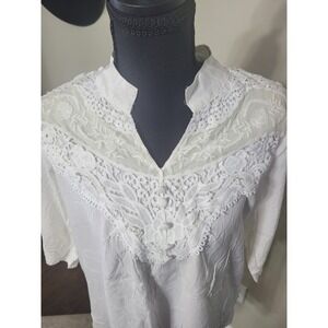Ren‎ Fiber White Lace Panel Boho Blouse 3/4 Sleeve V-Neck Top